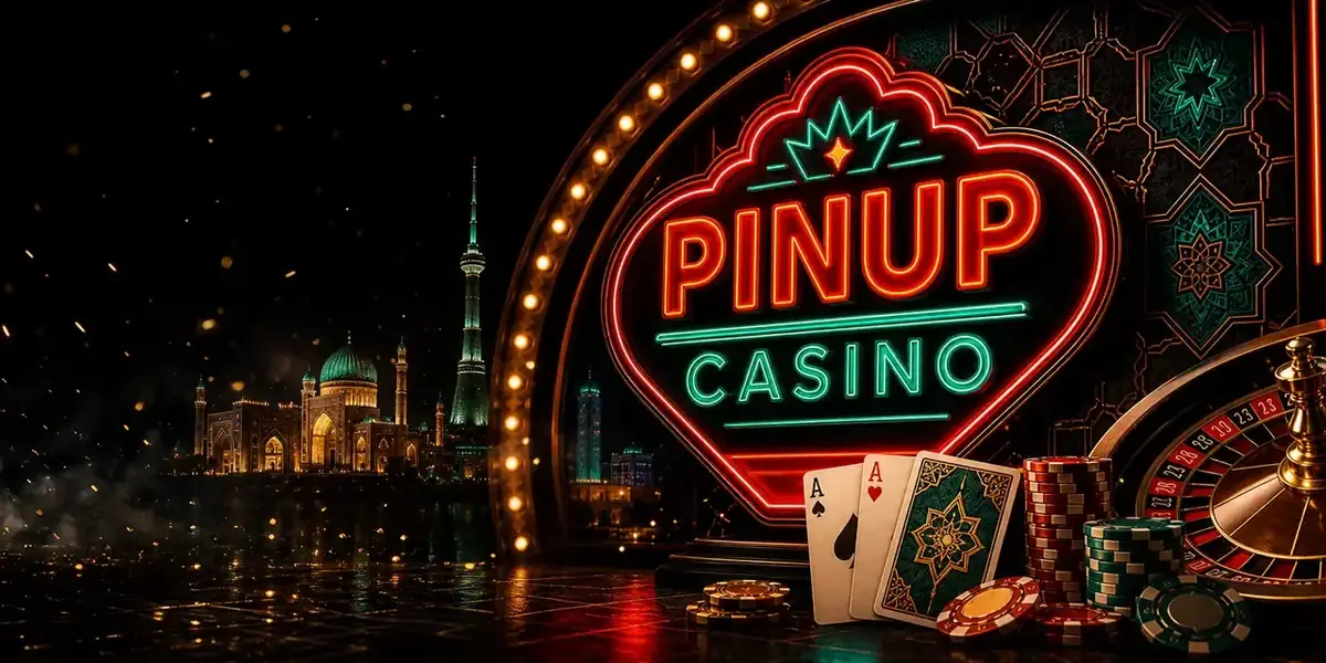 PINUP CASINO neon casino banneri, ruletka, kartalar va chiplar