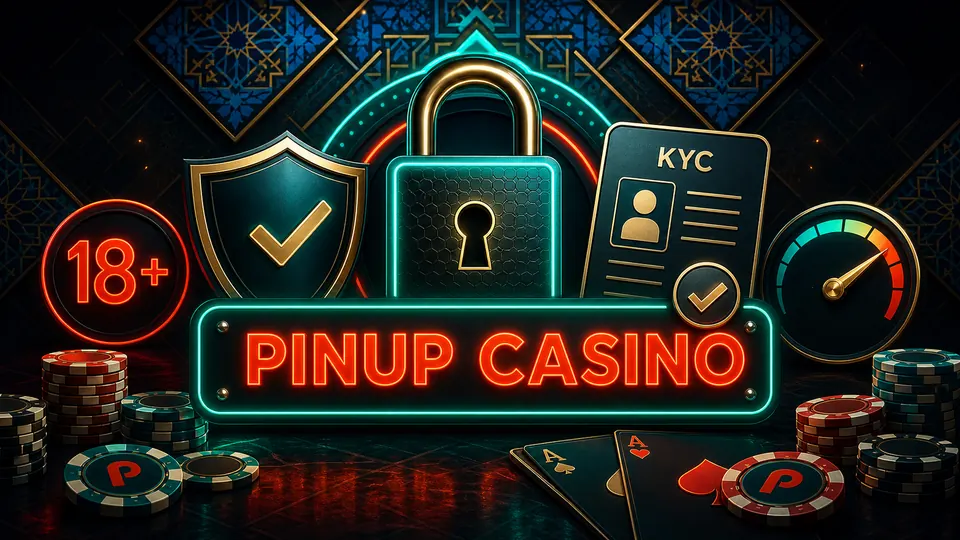 PINUP CASINO xavfsizlik rasmi, qulf, KYC hujjati va 18 plus belgisi