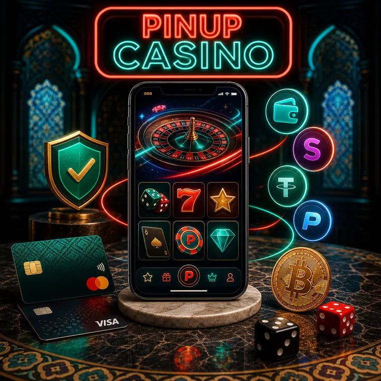 PINUP CASINO mobil ekran, to'lov kartalari va xavfsizlik belgisi